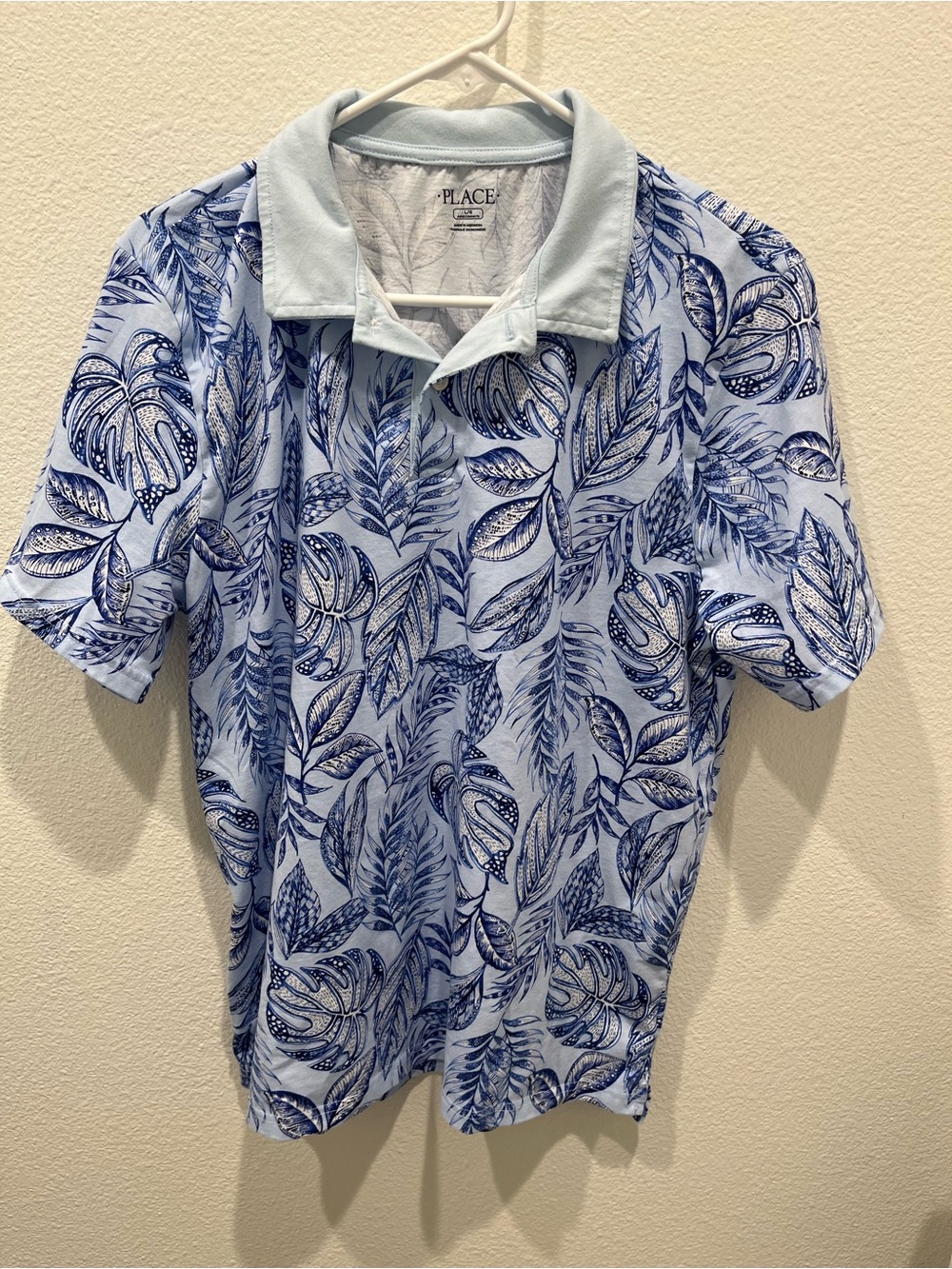 Place Light Blue Shirt with Navy Leaf Print